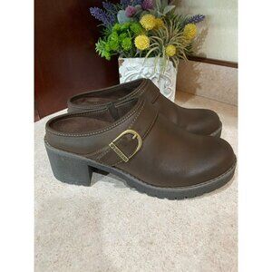 Eastland Nola Womens Brown Leather Slip-On Clogs W/ Buckle Detail & Chunky Heel